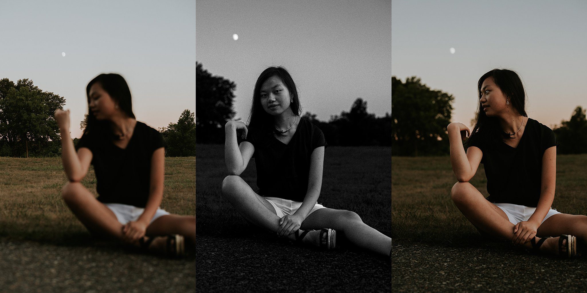 If you want a not boring senior photo you should do this. This is a trip-tic of images. All the same one of a girl sitting with the moon behind her. The photo on the left the girl is out of focus with the moon in focus in the background. Center photo the girl with black hair and a black shirt and white shorts is sitting with her elbow on her knee looking at the camera with the moon in the background. On the photo on the right the girl is siting the same way and looking off to the left. 