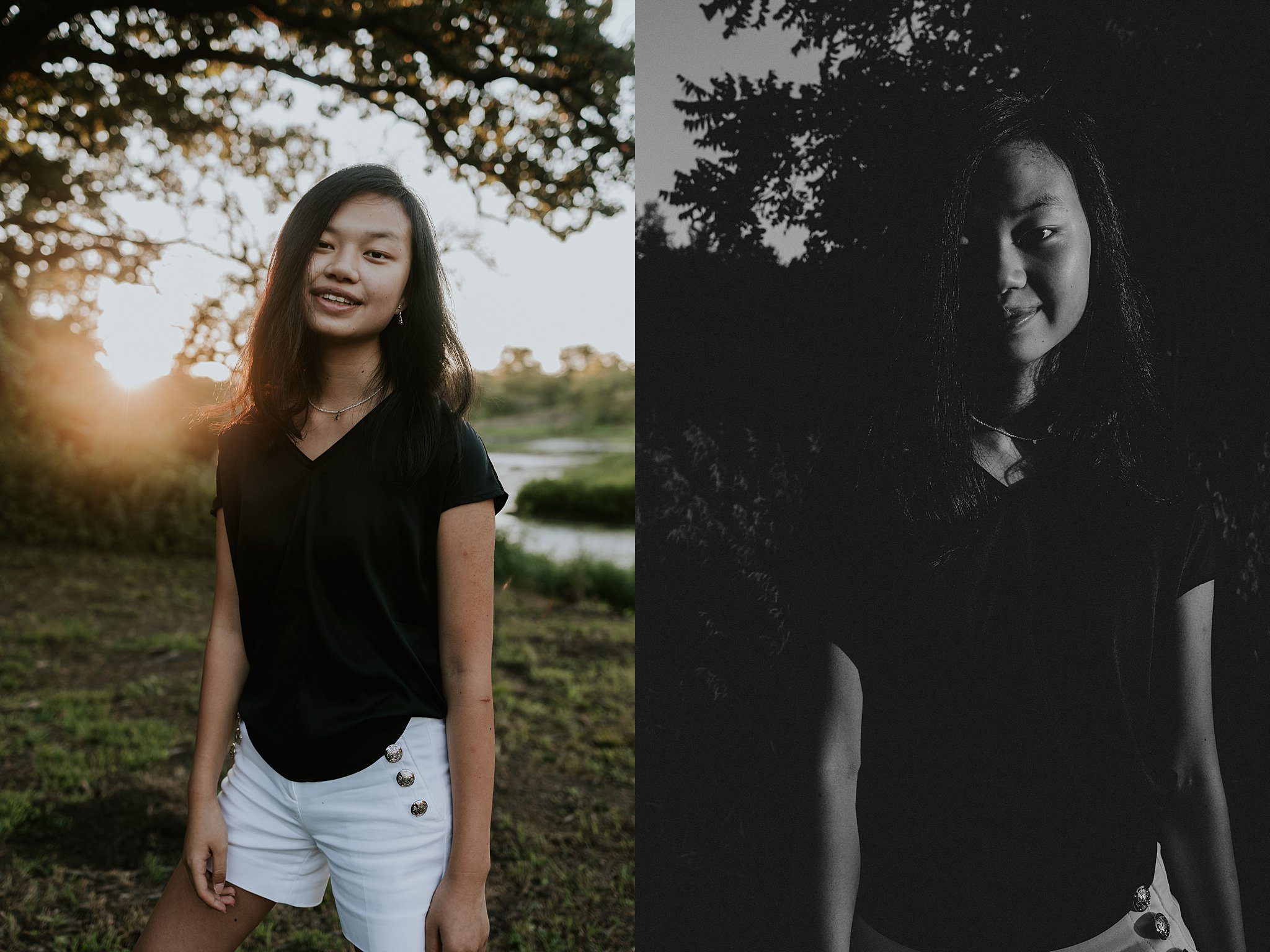This is a dip-tic of photos of a girl during her senior photos in northwest Iowa. On the left is a color image of a girl with black hair and a black shirt with white shorts. She is smiling at the camera and the sun is coming through the trees behind her on the left casting a golden glow. Behind her on the right is a black and white high contrast image. Part of the girl's face is cast in direct sunlight while the other half is cast in shadow. She is smiling at the camera and it makes for a very dramatic senior portrait. 