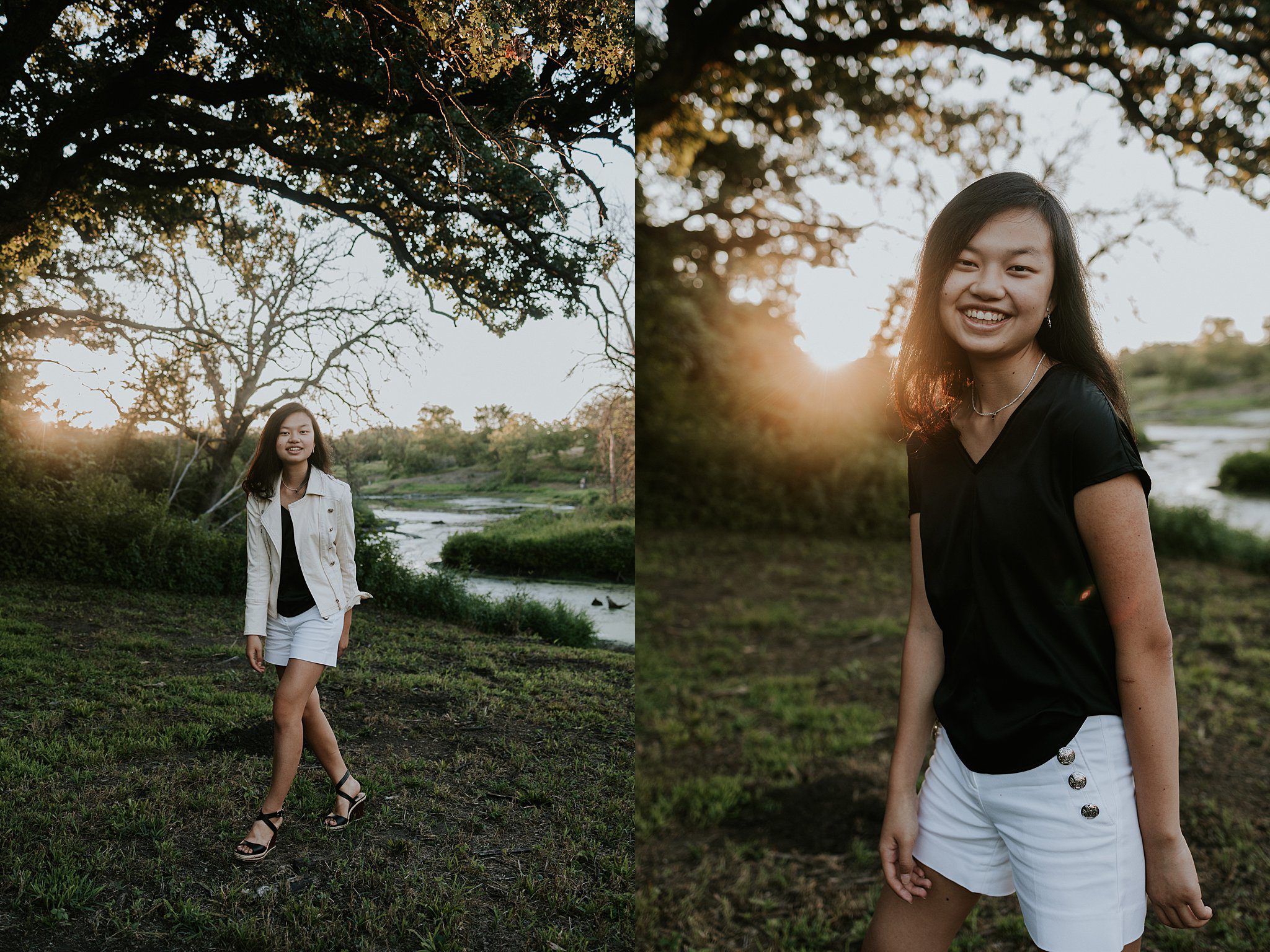 This is a dip-tic of two images, the photo on the left is a girl walking in a white jacket, black shirt, and white shorts. Behind her is a pond and a knobby diamond oak tree. On the right A girl is getting her senior photos taken in Iowa in front of a pond. She has black hair that is glowing from the golden light coming through the tree behind her. 