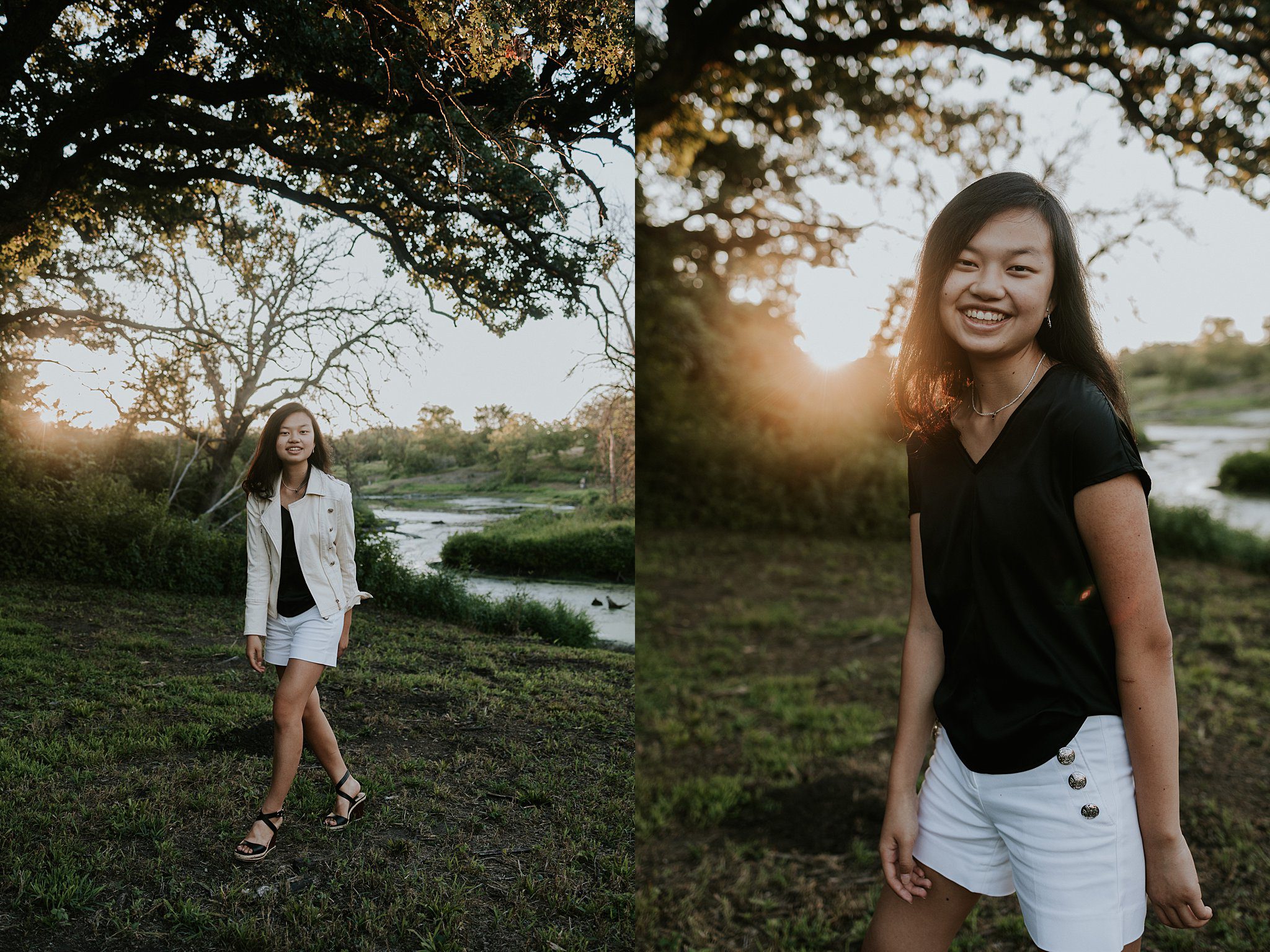 2022-08-09_0008.jpg This is a dip-tic of two images, the photo on the left is a girl walking in a white jacket, black shirt, and white shorts. Behind her is a pond and a knobby diamond oak tree. On the right A girl is getting her senior photos taken in Iowa in front of a pond. She has black hair that is glowing from the golden light coming through the tree behind her.