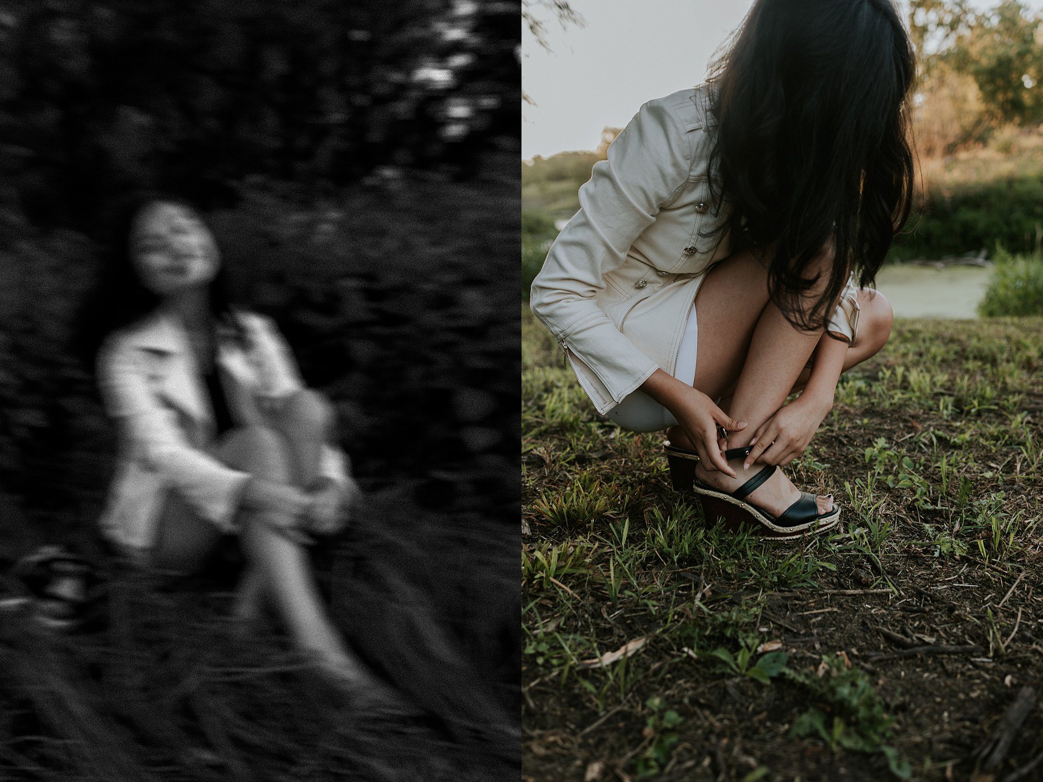 This is a dip-tic of two photos. On the left is a beautiful blurry black and white image of a girl sitting in the grass smiling. On the right the same girl with black hair is tying on her strapy sandals for her senior portraits.