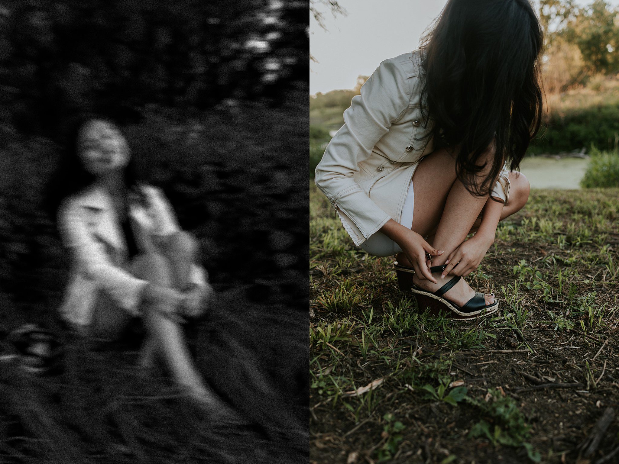 2022-08-09_0009.jpg This is a dip-tic of two photos. On the left is a beautiful blurry black and white image of a girl sitting in the grass smiling. On the right the same girl with black hair is tying on her strapy sandals for her senior portraits.
