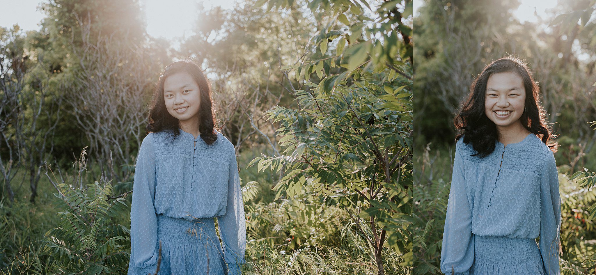 Dip-tic photo of a girl with black hair in a blue dress. The sun is shining through the trees behind her and casting a golden glow on her hair.